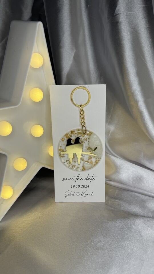 Kuş Silueti Epoksi Anahtarlık – Save the Date Nikah Hediyeliği